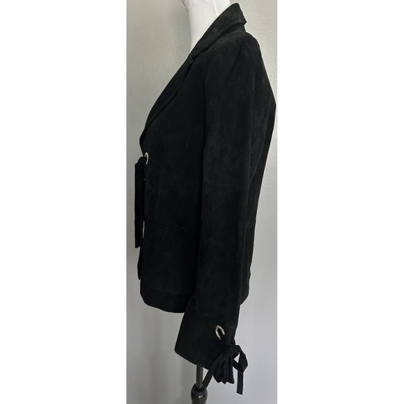 VTG MetroStyle Black Leather/Suede Blazer Women Lined Sz 10 Tie Front Jacket EUC - Picture 2 of 7